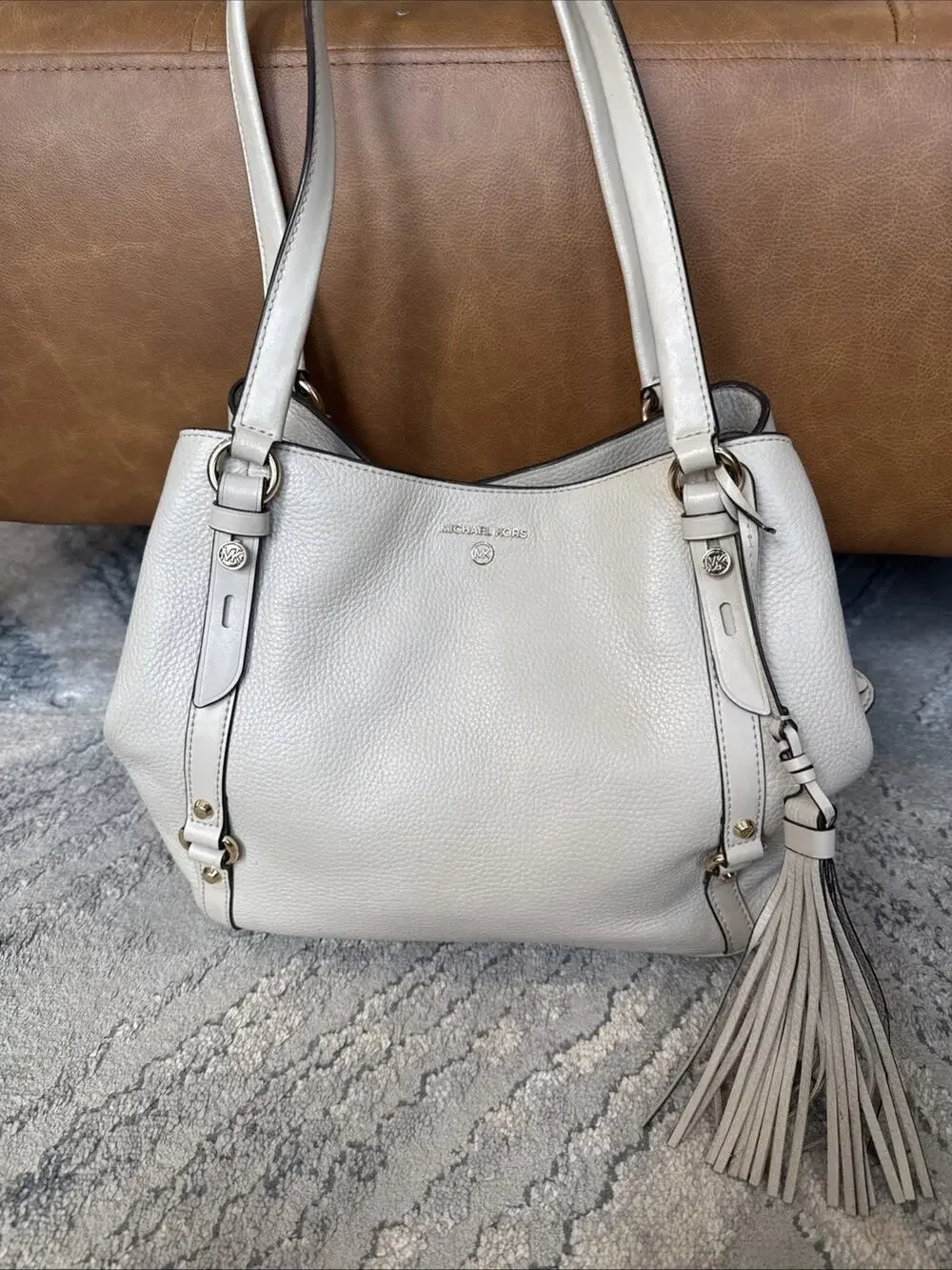 MICHAEL Michael Kors Carrie Large Pebbled Leather Shoulder Bag, Light Sand